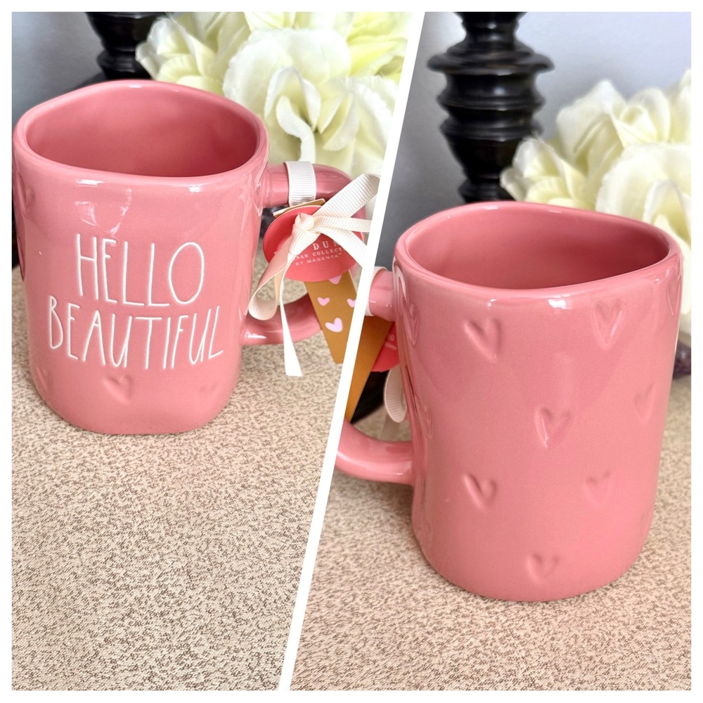 NWT Rae Dunn HELLO BEAUTIFUL Engraved Hearts Ceramic Mug